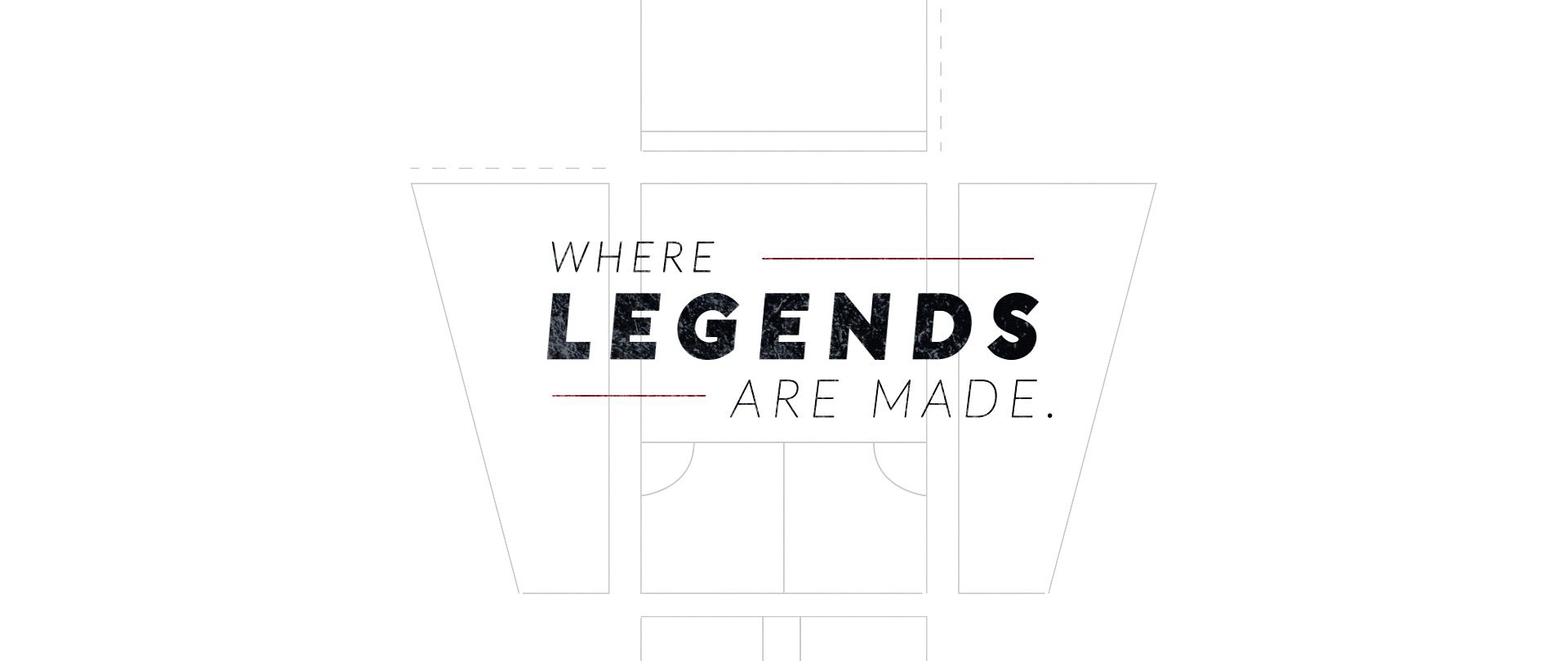 "WHERE LEGENDS ARE MADE" typography design with squash court geometric shapes and bold lettering.